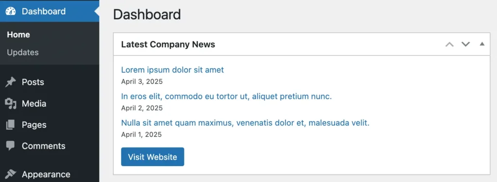 Screenshot of the WP Admin dashboard with the SJ News custom news feed widget showing.
