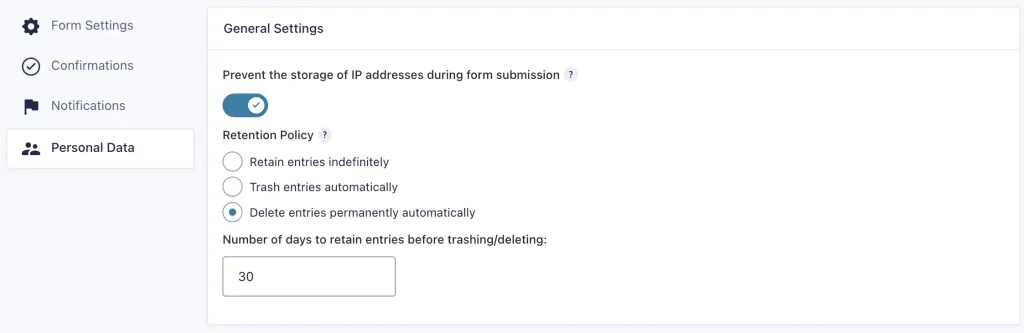 Screenshot of a Gravity Forms data retention policy showing deletion of entries after 30 days.