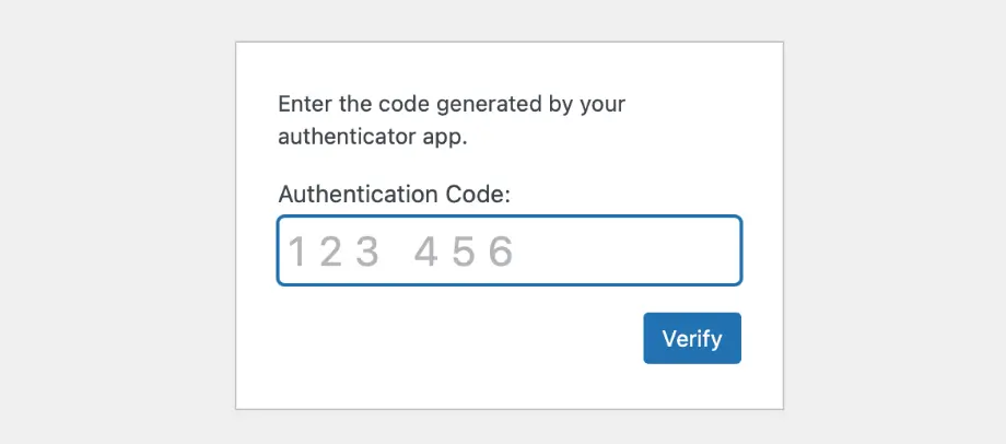 Screenshot of the WP Two Factor Authentication plugin implemented on WP Admin screen.